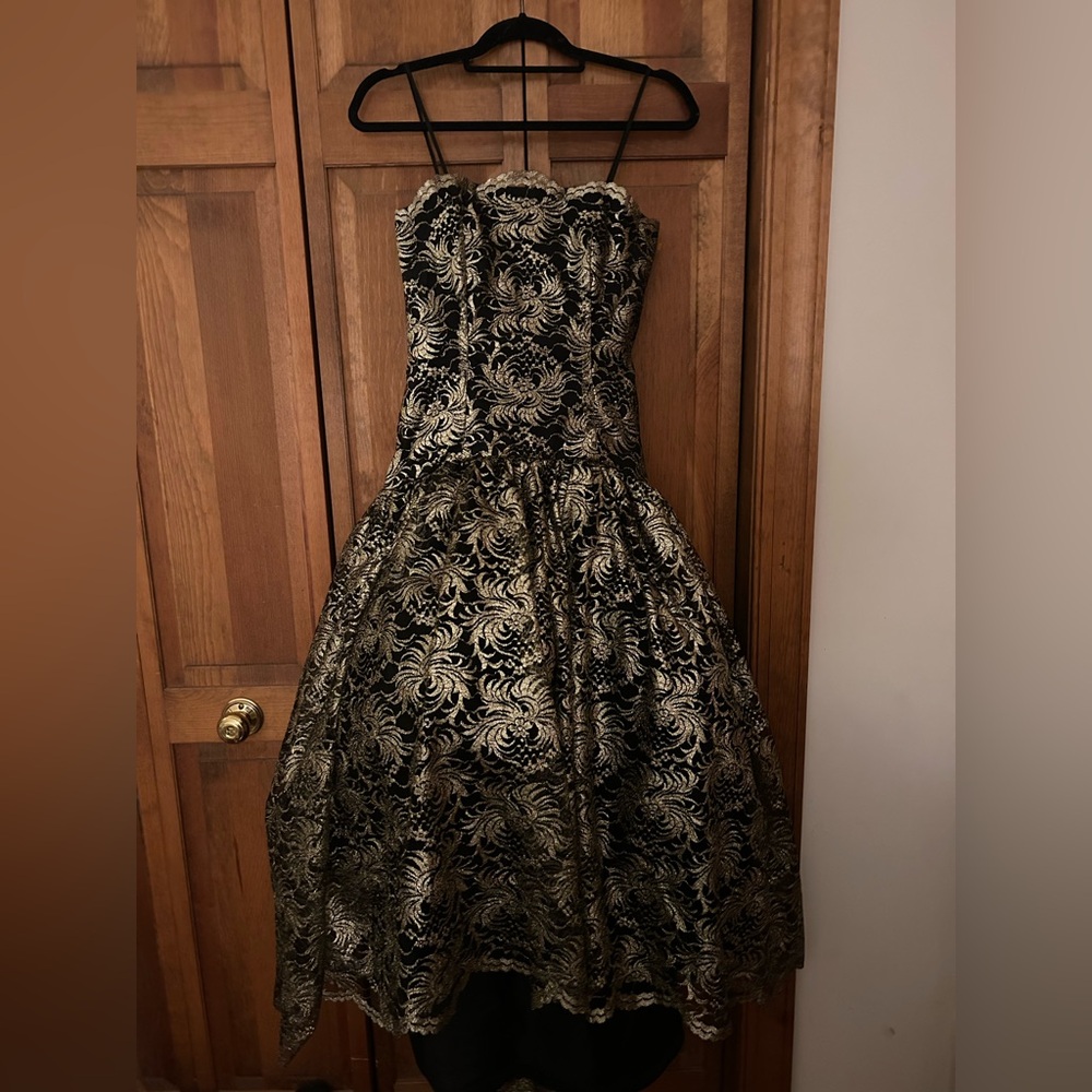 After Five 6 Black Gold 80s/90s Inspired Evening Gown/Prom Dress W/ High Low Hem